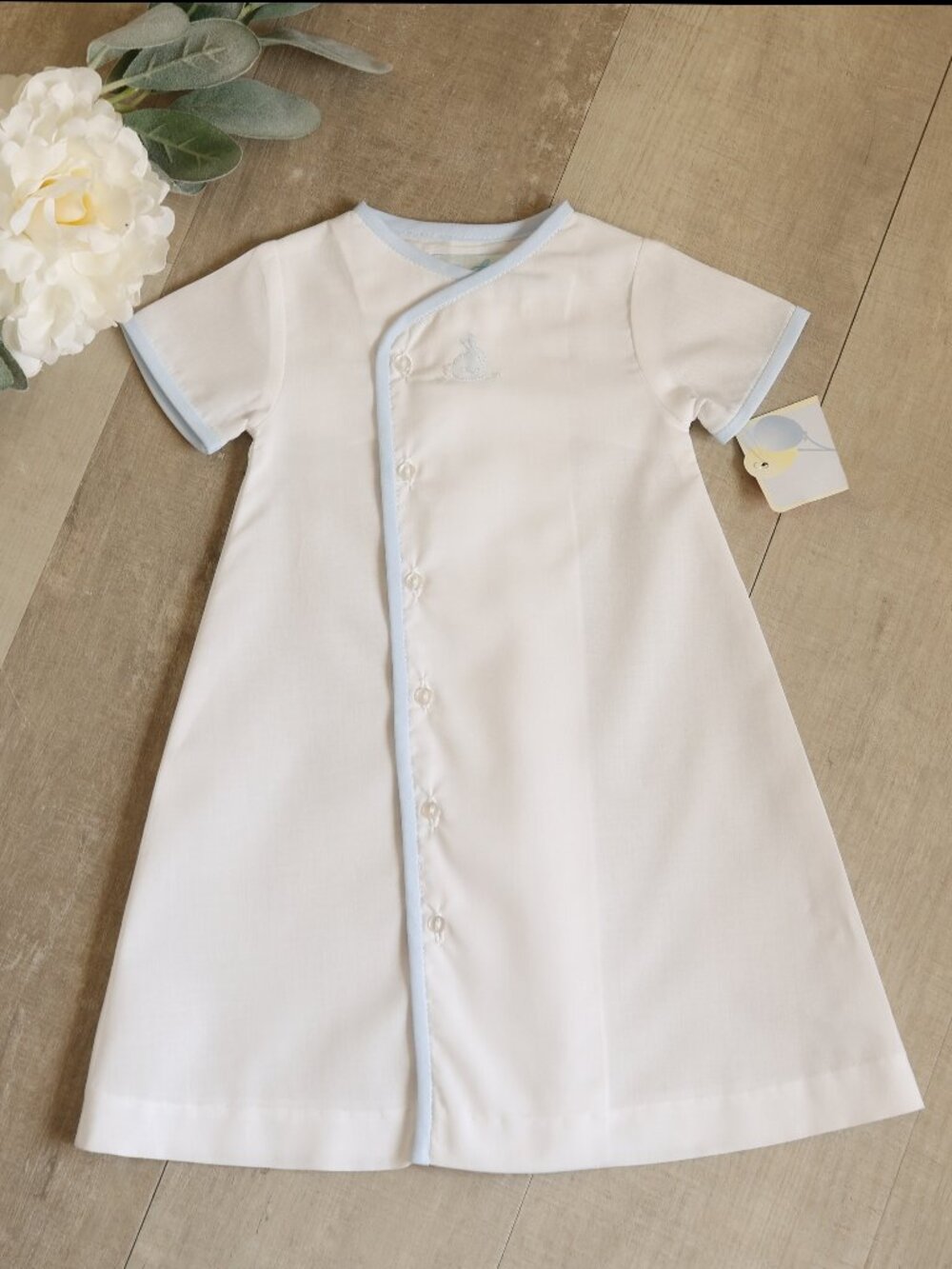 Boy's Preemie Heirloom Daygown White and Blue Bunny Embroidery Coming Home NWT